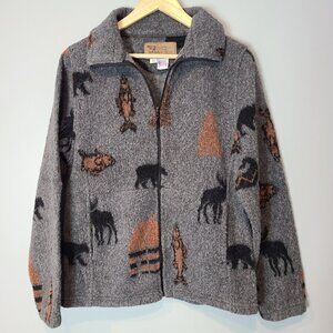 Vtg 90s Fleece Jacket Forest Cabin Fisherman Womens Sz Medium Full Zip USA Wool